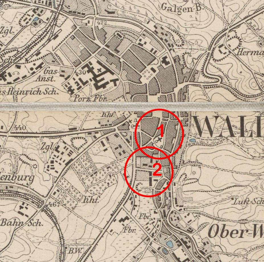 WAŁBRZYCH, lokalizacja siedzib rycerskich na mapie topograficznej typu Mestissblatt, ark. 6263 Waldenburg, wyd. w 1886 r.: 1 – dwór średniowieczny, 2 – dwór nowożytny, „Pałac Czttritzów” (opr. M. Chorowska)