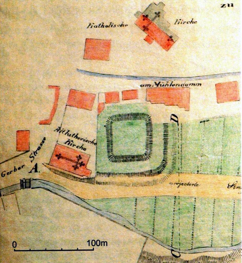 WAŁBRZYCH – ŚRÓDMIEŚCIE, fragment mapy z 1811 r. z widocznymi reliktami średniowiecznego założenia obronnego typu motte, zlokalizowanymi między Młynówką a ul. Topferstrasse (MAWr, sygn..392, za Nowakowski 2017, s. 451, ryc. 361)