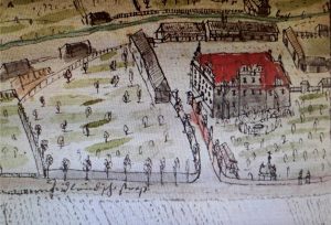 WAŁBRZYCH-ŚRÓDMIEŚCIE, dwór Czettritzów na kolorowanym rysunku Wernera - zbliżenie (Werner B-2, s. 301)