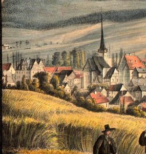WAŁBRZYCH-ŚRÓDMIEŚCIE; Fragment panoramy Wałbrzycha z dworem Czettritzów (po lewej); litografia kredkowa, C. K. Mattis (zbiory P. Siemko)