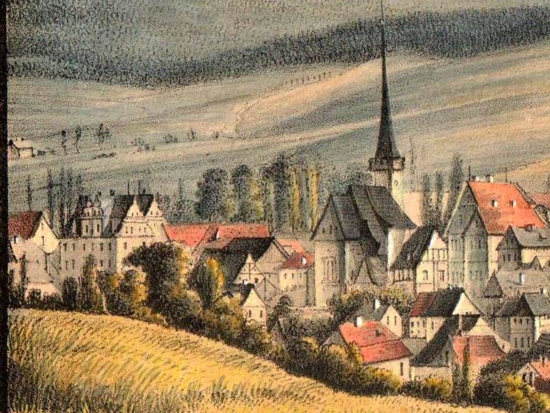 WAŁBRZYCH-ŚRÓDMIEŚCIE; Fragment panoramy Wałbrzycha z dworem Czettritzów (po lewej); litografia kredkowa, C. K. Mattis (zbiory P. Siemko)