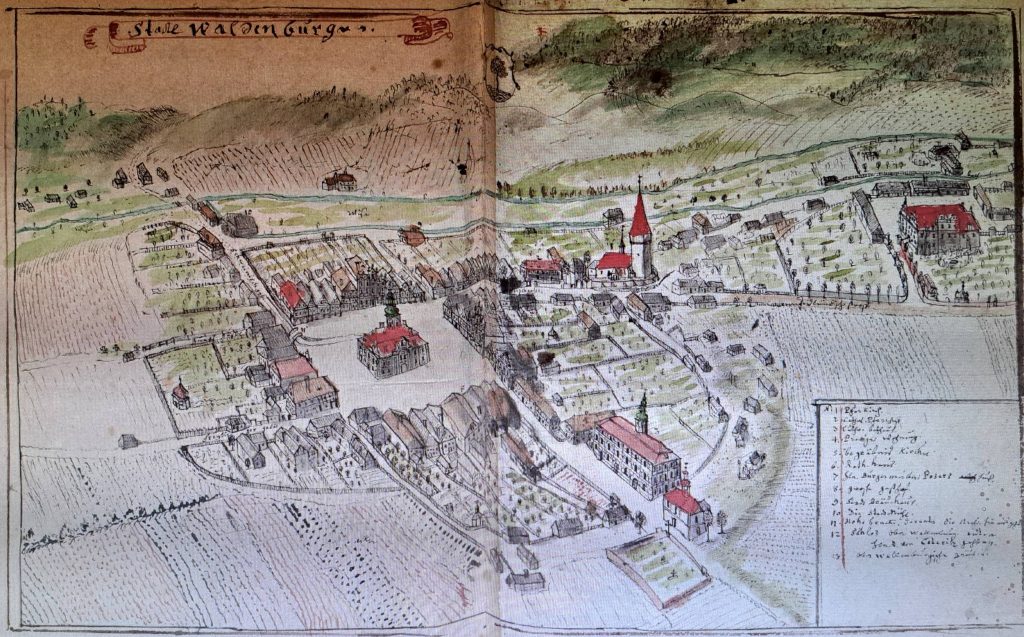 WAŁBRZYCH, panorama miasta na kolorowanym rysunku F.B. Wernera z ok. poł. XVIII w. dwór i folwark Czettritzów znajdują się po prawej stronie (Werner B-2, s. 301)