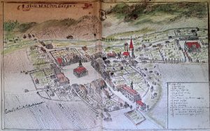 WAŁBRZYCH, panorama miasta na kolorowanym rysunku F.B. Wernera z ok. poł. XVIII w. dwór i folwark Czettritzów znajdują się po prawej stronie (Werner B-2, s. 301)