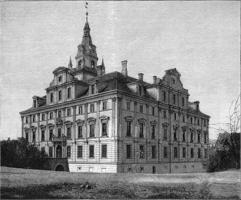 ROZTOKA, zamek ok. 1900 r. w widoku z ppłudnia; drzeworyt sztorcowy (zbiory P. Siemko); w podpisie pod grafiką odnotowano, że kwaterował tu król Prus Fryderyk II po zwycięskiej bitwie pod Dobromierzem w 1745