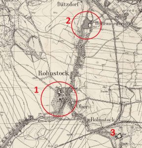 ROZTOKA, trzy siedziby rycerskie we wsi na mapie topogrficznej typy Mestissblatt, ark. 5063 Hohenfriedeberg wyd. w 1936: 1 – zamek (Schlos), 2 – majątek dolny (Gut), 3 – majątek górny (Ober Rohstok, Gut) (opr. P. Błoniewski)