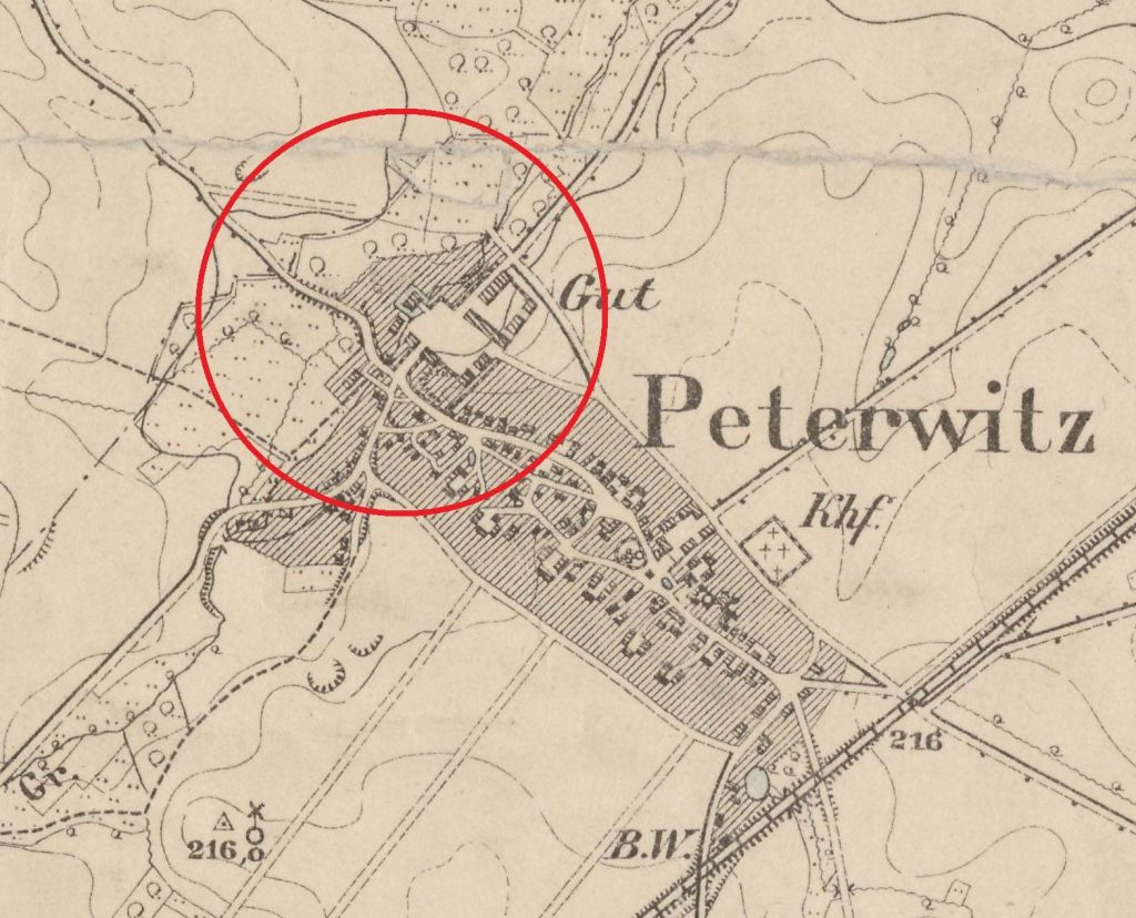 PIOTROWICE ŚWIDNICKIE, dwór i folwark północno-zachodni w Piotrowicach na mapie topograficznej typu Mestischblatt, ark. 5064 Striegau wyd. w 1932 r. (opr. P. Błoniewski