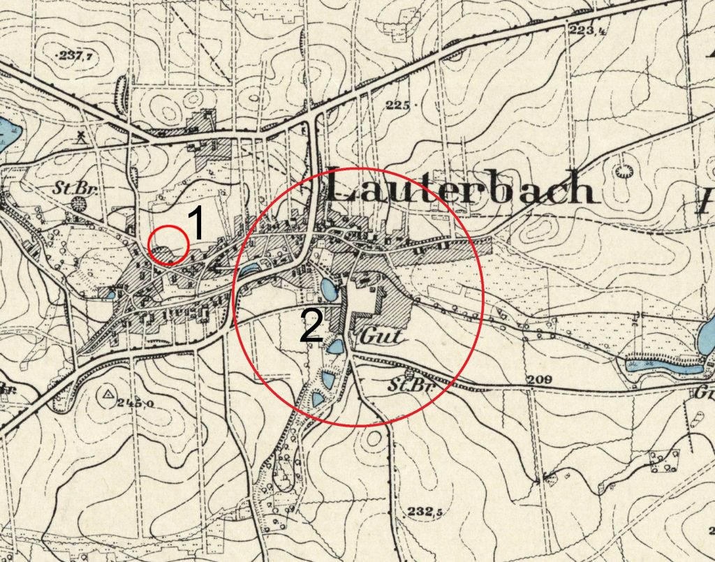 SIENIAWKA, położenie dworów na mapie typu Mestissblatt, ark. 5266, Lauterbach wyd. w 1936: 1 – dwór górny, 2 – dwór dolny (opr. P. Błoniewski)