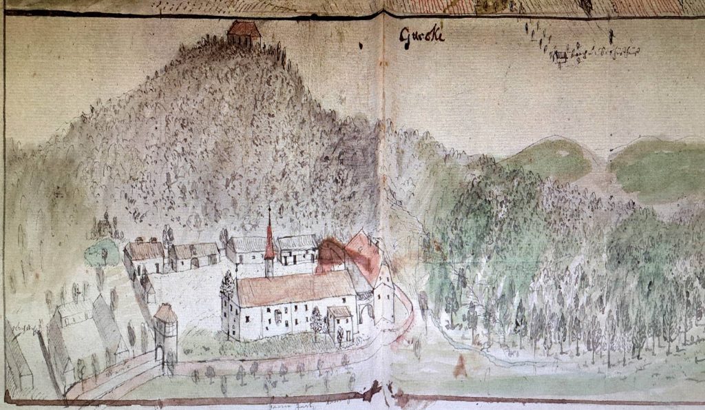 SOBÓTKA-GÓRKA, siedziba i folwark augustianów na tle góry Ślęży; kolorowany rysunek F. B. Wernera (Werner B-2, t. 3, s. 303)