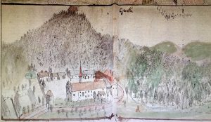 SOBÓTKA-GÓRKA, siedziba i folwark augustianów na tle góry Ślęży; kolorowany rysunek F. B. Wernera (Werner B-2, t. 3, s. 303)