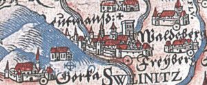 ŚWIDNICA, główna wieża zamku w Świdnicy (Schweinitz) na tle zabudowy miasta, fragment mapy Helwiga z 1561 r.