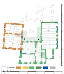 STOSZÓW, Rzut dworu na poziomie piętra w pocz. XVII w. z podziałem na fazy: 1 – ok. 1500, 2 – 1 poł. XVI w., 3 – po 1603, 3a – 1 poł. XVII w., 4 - XVIII w., 5 – XIX-XX w. (opr. PB i MCh)