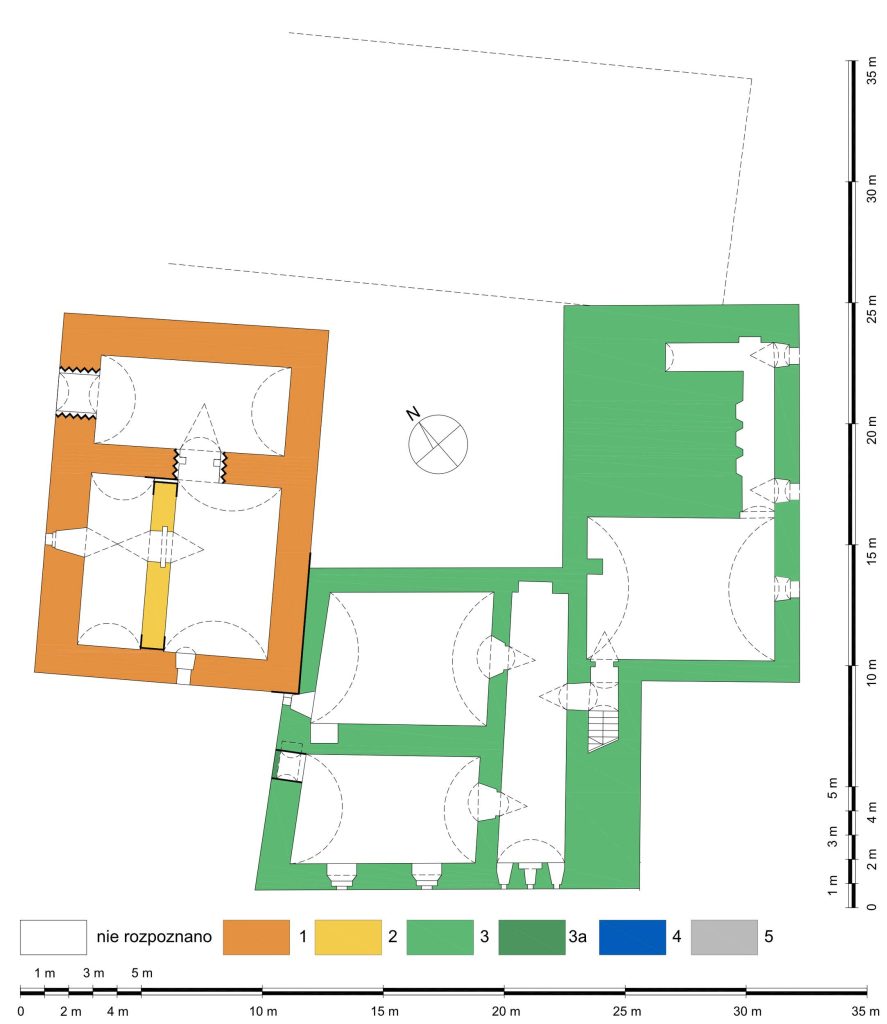 STOSZÓW, Rzut dworu na poziomie piwnic w pocz. XVII w. z podziałem na fazy: 1 – ok. 1500, 2 – 1 poł. XVI w., 3 – po 1603, 3a – 1 poł. XVII w., 4 - XVIII w., 5 – XIX-XX w. (opr. PB i MCh)