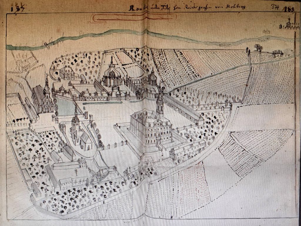 ROZTOKA, zespół zamku i kościołów na na rys. F.B. Wernera z ok. poł. XVIII w. (Werner B-2, s. 374)