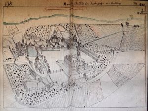 ROZTOKA, zespół zamku i kościołów na na rys. F.B. Wernera z ok. poł. XVIII w. (Werner B-2, s. 374)