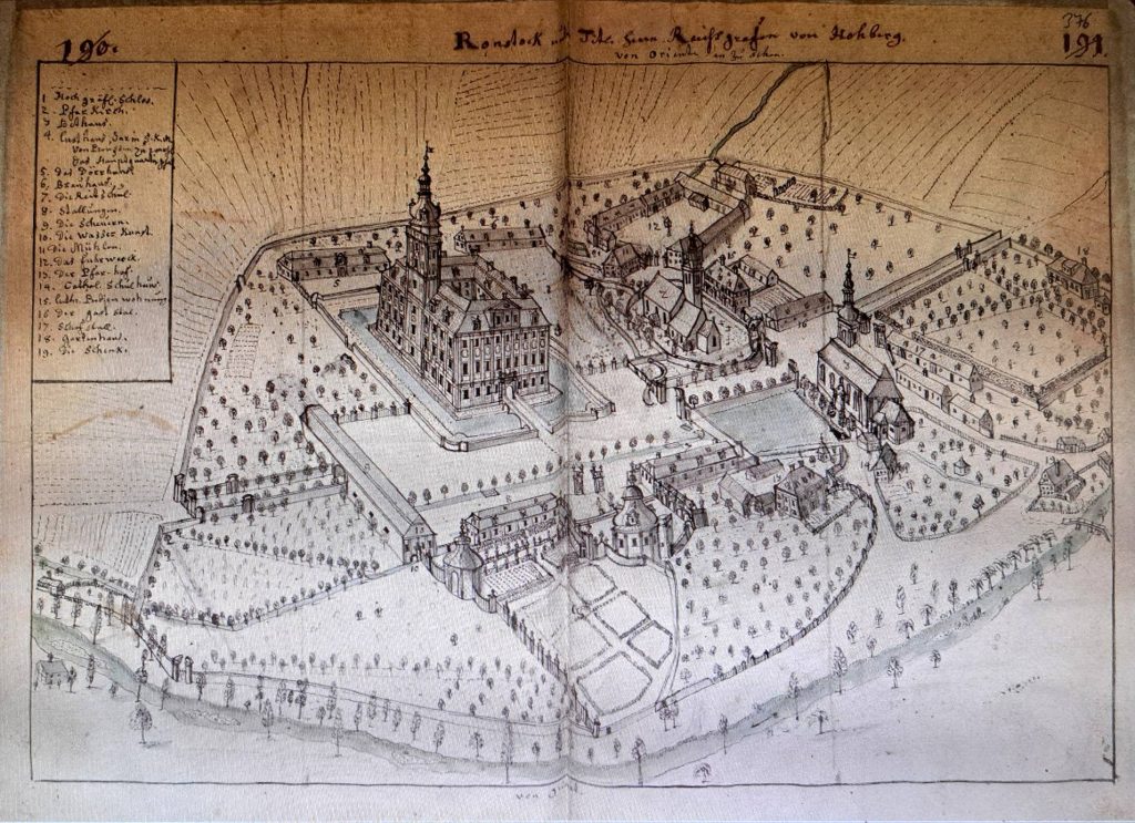 ROZTOKA, zespół zamku i kościołów na na rys. F.B. Wernera z ok. poł. XVIII w. (Werner B-2, s. 376)