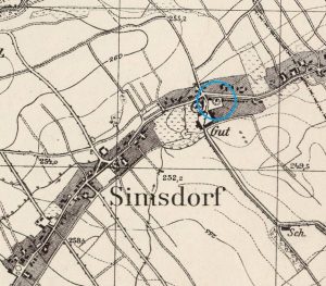 SZYMANÓW, lokalizacja dworu na wycinku mapy topograficznej (Meßtischblatt, ark 5063_Hohenfriedeberg z 1936 r. (opr. P. Błoniewski)