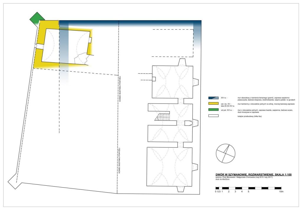 SZYMANÓW, plan piwnic dworu z zaznaczeniem zaobserwowanych murów średniowiecznych (kolor niebieski) (opr. P. Błoniewski, M. Chorowska 2015, 2017)