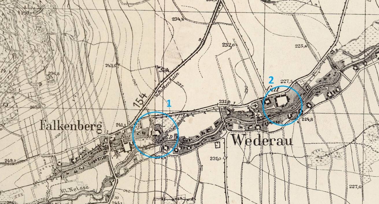 WIADRÓW, lokalizacja dworów na wycinku mapy topograficznej (Messtischblatt, ark. 5063_Hohenfriedeberg z 1936 r. i 5062_Bolkenhain z 1938 r.): 1 - dwór dolny, 2 - dwór górny (opr. P. Błoniewski)