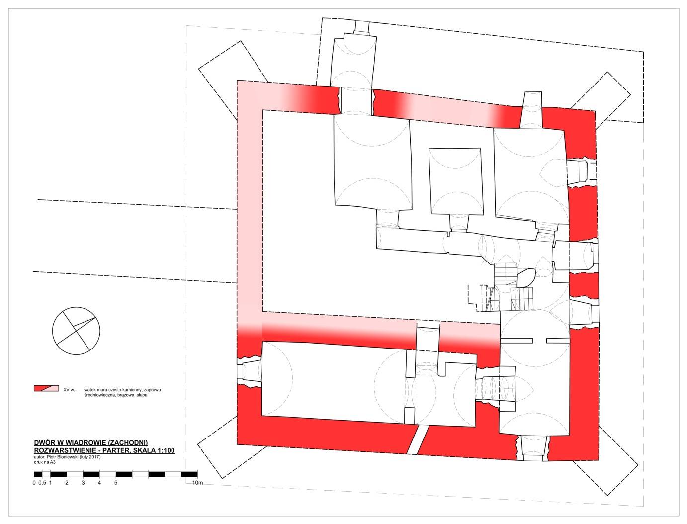 WIADRÓW, dwór górny (wschodni) - rozwarstwienie murów piwnicy; kolorem czerwonym oznaczono mury z XIV w. (opr. P. Błoniewski, M. Chorowska)