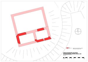 WIADRÓW, dwór dolny (zachodni) - rozwarstwienie murów zachowanych w terenie; kolorem czerwonym oznaczono mury z XIV w. (opr. P. Błoniewski)