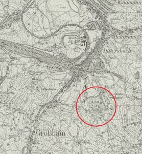 NOWY DWÓR, położenie zamku na mapie topograficznej typu Mestischblatt ark. 5263 Waldenburg wyd. w 1937 (opr. P. Błoniewski)