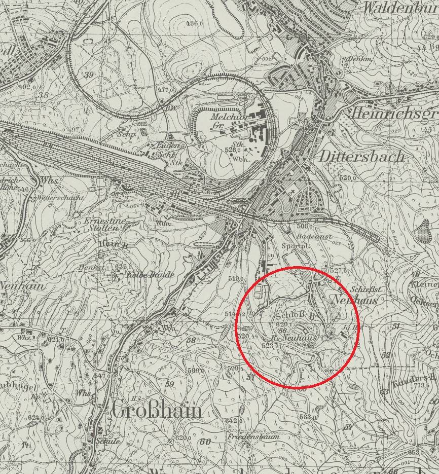NOWY DWÓR, położenie zamku na mapie topograficznej typu Mestischblatt ark. 5263 Waldenburg wyd. w 1937 (opr. P. Błoniewski)