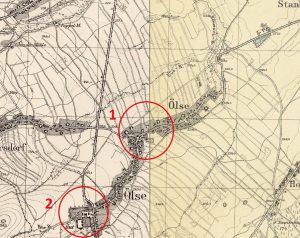 OLSZANY, wieś na mapie topograficznej typu Mestischblatt ark. A5063 Hohfriedeberg wyd. w 1936 r.: 1 – majątek środkowy, 2 – majątek górny (opr. P. Błoniewski)