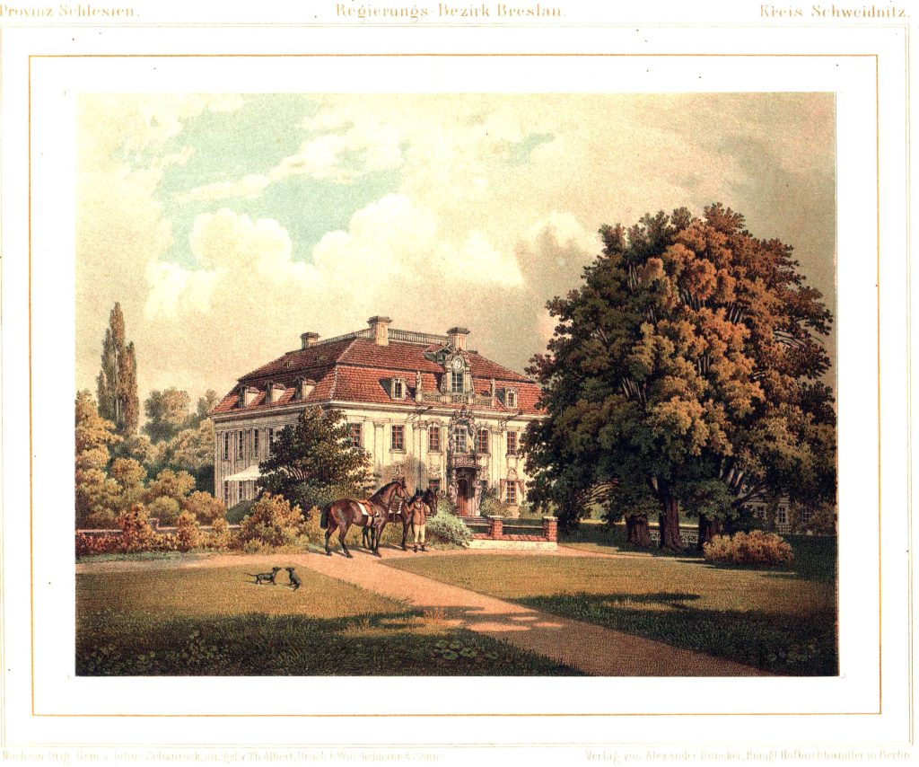 KRASKÓW, pałac po przebudowie barokowej, litografia barwna (Duncker 7, 1864-65, zbiory PS)