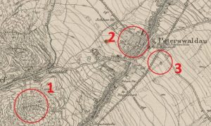PIESZYCE, położenie założeń mieszkalno-obronnych na mapie typu Mestisschblatt ark. 5265, Reichenbach unter Eule wyd. w 1919 r.: 1– Zamek Rościszów, 2 – Dwór-pałac, 3 – gródek, tzw. Rogalik, (opr. P. Błoniewski)