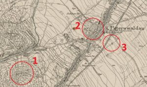 PIESZYCE–ROŚCISZÓW, położenie założeń mieszkalno-obronnych na mapie typu Mestisschblatt ark. 5265, Reichenbach unter Eule wyd. w 1919 r.: 1– Zamek Rościszów, 2 – Dwór-pałac, 3 – gródek, tzw. Rogalik, (opr. P. Błoniewski)