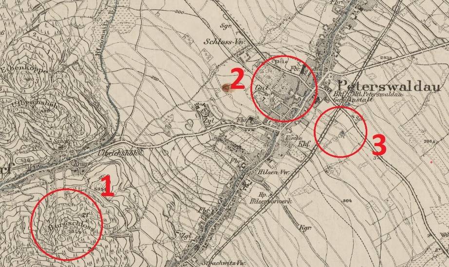 PIESZYCE–ROŚCISZÓW, położenie założeń mieszkalno-obronnych na mapie typu Mestisschblatt ark. 5265, Reichenbach unter Eule wyd. w 1919 r.: 1– Zamek Rościszów, 2 – Dwór-pałac, 3 – gródek, tzw. Rogalik, (opr. P. Błoniewski)