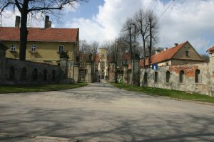 PIESZYCE, widok na drogę procesyjną wiodącą do pałacu; za murem budynki „podzamcza” (fot. A. Kwaśniewski)