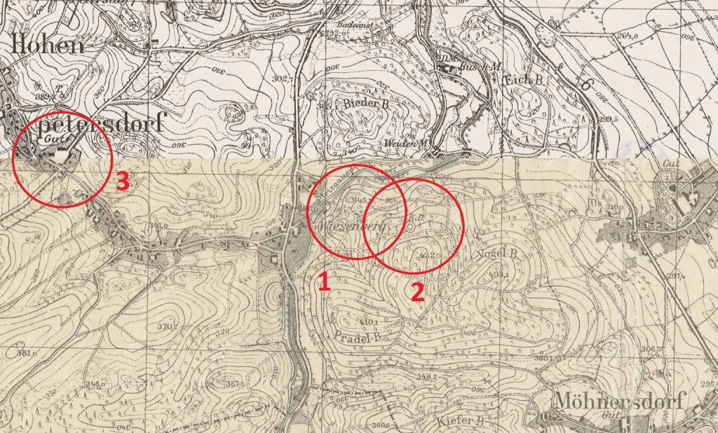 PIETRZYKÓW, Założenia obronne na mapie typu Metischblatt ark. 5063, Hohenfriedeberg wyd. w 1936 r. i ark. 5163, Freiburg wyd. w 1930: 1 – grodzisko zach., 2 – grodzisko wsch., 3 – dwór z folwarkiem (opr. P. Błoniewski