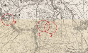 PIETRZYKÓW, Założenia obronne na mapie typu Metischblatt ark. 5063, Hohenfriedeberg wyd. w 1936 r. i ark. 5163, Freiburg wyd. w 1930: 1 – grodzisko zach., 2 – grodzisko wsch., 3 – dwór z folwarkiem (opr. P. Błoniewski