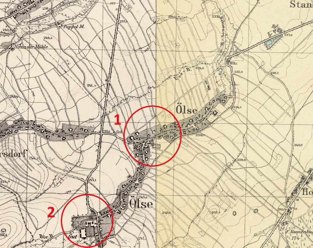 OLSZANY, wieś na mapie topograficznej typu Mestischblatt ark. A5063 Hohfriedeberg wyd. w 1936 r.: 1 – majątek środkowy, 2 – majątek górny (opr. P. Błoniewski)