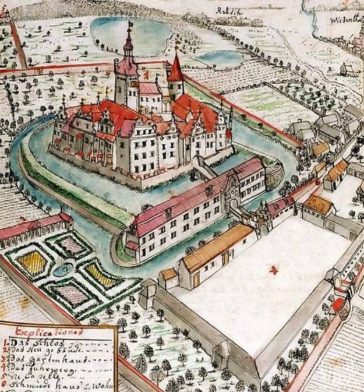 WITOSTOWICE, zamek na kolorowanym rysunku F. B. Wernera z ok. poł. XVIII w. (Werner-B2)
