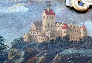 ŚWINY, Zamek w widoku od płd.; malowidło w Kościele Pokoju w Jaworze z ok. 1658 r., (fot. M. Chorowska)