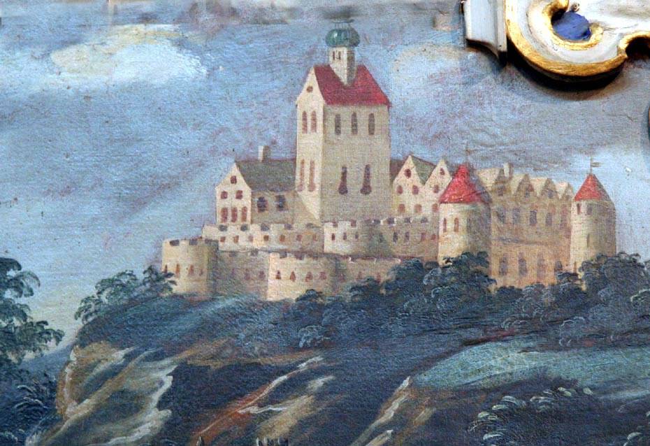 ŚWINY, Zamek w widoku od płd.; malowidło w Kościele Pokoju w Jaworze z ok. 1658 r., (fot. M. Chorowska)