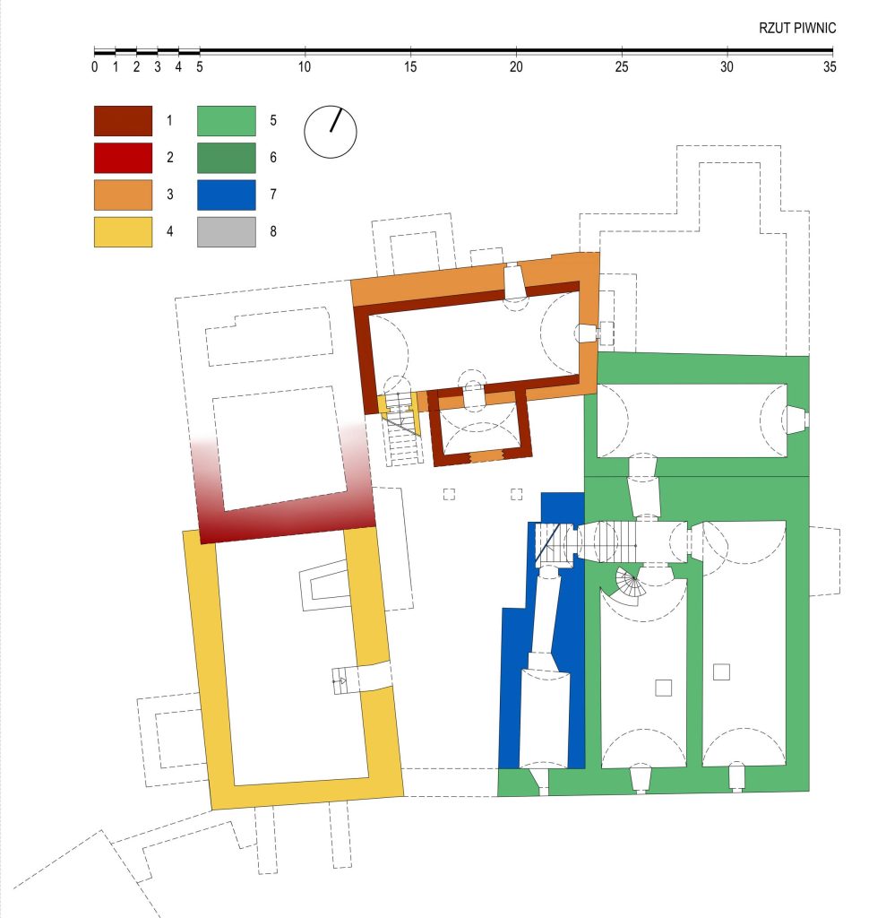 MACIEJOWIEC, rzut piwnic z rozwarstwieniem chronologicznym murów: 1 – mur na glinie z XIV w., 2 – mur na zaprawie wapiennej z pocz. XV w., 3 mur z XV w., 4 – mur z 1 poł. XVI w., 5 – mur z ok. poł. XVI w., 6 – mur z 1627–1632, 7 – mur z ok. poł. XVII w., 8 – mur z XIX w. (oprac. M. Chorowska, A. Walkowska)