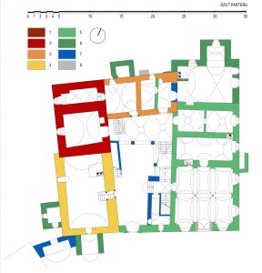MACIEJOWIEC, rzut parteru z rozwarstwieniem chronologicznym murów: 1 – mur na glinie z XIV w., 2 – mur na zaprawie wapiennej z pocz. XV w., 3 mur z XV w., 4 – mur z 1 poł. XVI w., 5 – mur z ok. poł. XVI w., 6 – mur z 1627–1632, 7 – mur z ok. poł. XVII w., 8 – mur z XIX w. (oprac. M. Chorowska, A. Walkowska)
