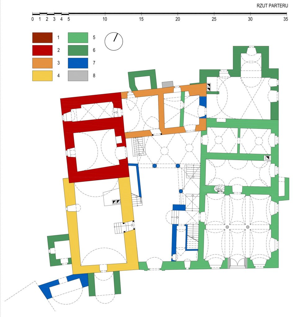 MACIEJOWIEC, rzut parteru z rozwarstwieniem chronologicznym murów: 1 – mur na glinie z XIV w., 2 – mur na zaprawie wapiennej z pocz. XV w., 3 mur z XV w., 4 – mur z 1 poł. XVI w., 5 – mur z ok. poł. XVI w., 6 – mur z 1627–1632, 7 – mur z ok. poł. XVII w., 8 – mur z XIX w. (oprac. M. Chorowska, A. Walkowska)