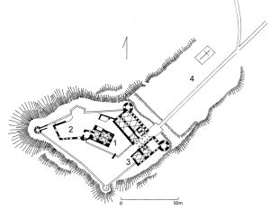 ŚWINY, Plan sytuacyjny zamku: 1- górny zamek, 2 – średni zamek, 3 – dolny zamek, 4 - podzamcze (pomiar Katedry Hist. Arch. Polskiej PWr z 1954 r. rys. E. Głąb)