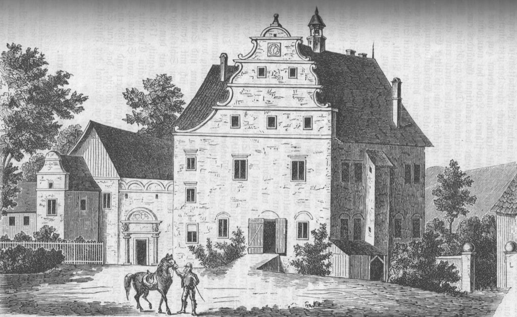 MACIEJOWIEC, sztych z 3 ćw. XIX w., widok dworu w Maciejowcu od strony południowej. Reprodukowany w Schlesische Provinziablatter, 1875.