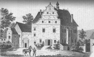MACIEJOWIEC, sztych z 3 ćw. XIX w., widok dworu w Maciejowcu od strony południowej. Reprodukowany w Schlesische Provinziablatter, 1875.