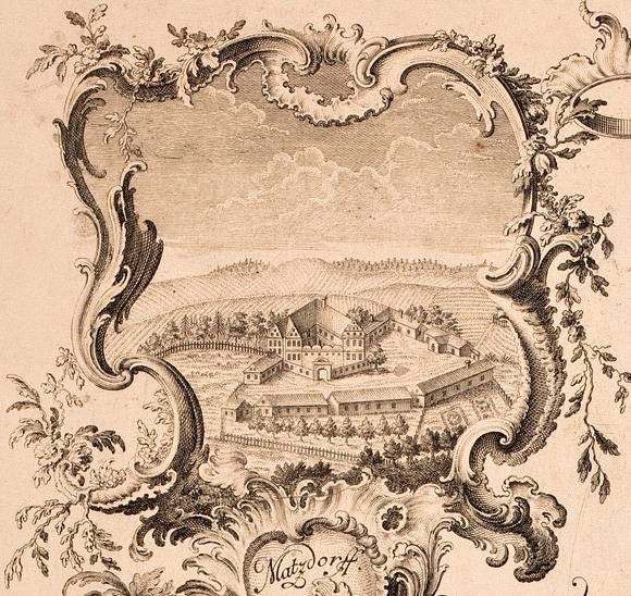 MACIEJOWIEC, V. J. M. fragment sztychu „Smithiana”, przedstawiającego zespół widoków pałaców i założeń folwarcznych należących do Georga Friedricha Smitha, Berningroth, Lipsk 1756 (Muzeum Narodowe we Wrocławiu)