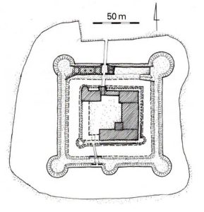 WITOSTOWICE, próba rekonstrukcji rozplanowania zamku w 1 ćwierci XVII w. (Kwaśniewski 2005, s. 139)