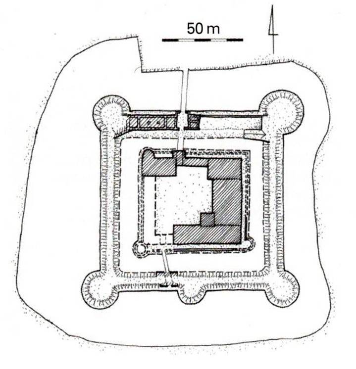 WITOSTOWICE, próba rekonstrukcji rozplanowania zamku w 1 ćwierci XVII w. (Kwaśniewski 2005, s. 139)