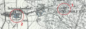 WITOSTOWICE, lokalizacja siedzib obronnych na wycinku mapy topograficznej (Messtischblatt) ark. 5368, Munsterberg wyd. w 1934 r.: 1 – gródek chłopa Kołacza, 2 – zamek (oprac. P. Błoniewski)
