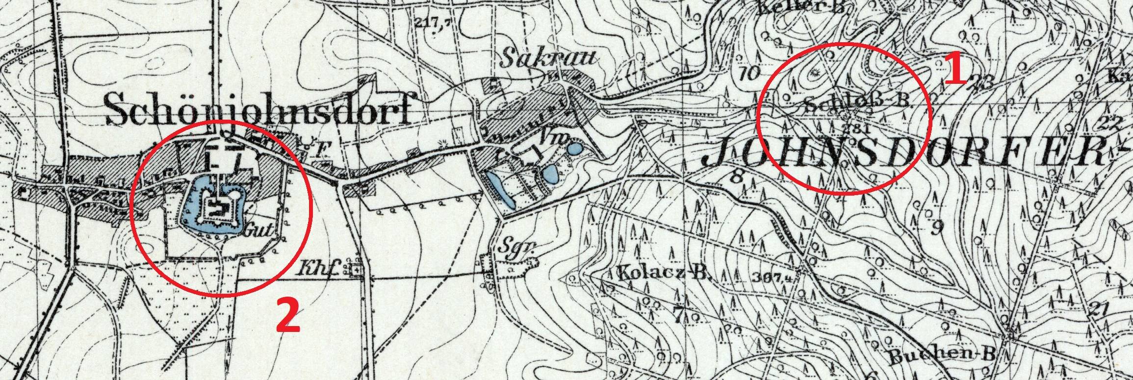 WITOSTOWICE, lokalizacja siedzib obronnych na wycinku mapy topograficznej (Messtischblatt) ark. 5368, Munsterberg wyd. w 1934 r.: 1 – gródek chłopa Kołacza, 2 – zamek (oprac. P. Błoniewski)