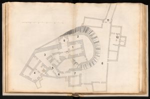 ŚWINY, Plan pomiarowy Valentina von Saebisch z ok. 1615 (zbiory Oddziału Rękopisów Biblioteki Uniwersytetu Wrocławskiego, sygn. R 939, karta nr 57): 1 – donżon, 2 – mur obronny górnego zamku, 3 – dziedziniec średniego zamku, 4 – dom na średnim zamku, 5 – brama na średni zamek, 6 – szyja bramna, 7 – budynek bramny, 8 – dolny zamek, 9 – kuchnia, 10 – browar, 11 – brama wjazdowa na dolny zamek